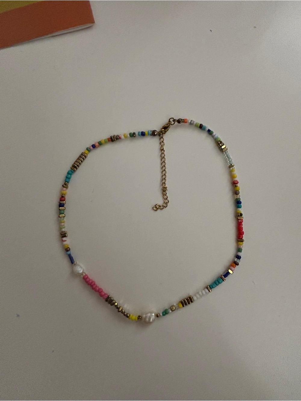 Multicolor Seed Bead & Pearl Accent Necklace — Gold Tone Chain